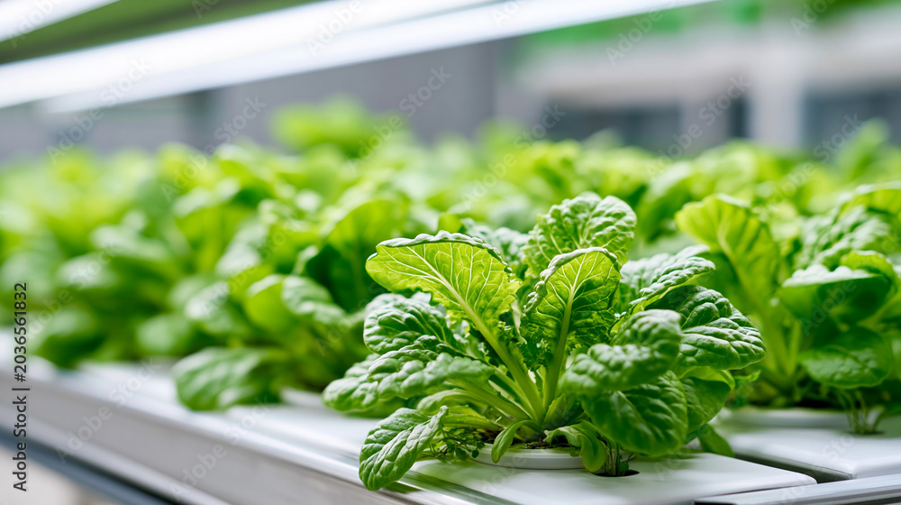 Obraz Hydroponic farming with automated watering systems for sustainable food production, indoor vertical farming technology concept, defocused background, with copy space