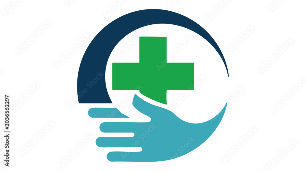 Fototapeta premium Medical Help Icon with a Green Cross Inside a Blue Half-Circle and a Light Blue Hand Reaching From Below, Symbolizing Support and Care in Healthcare