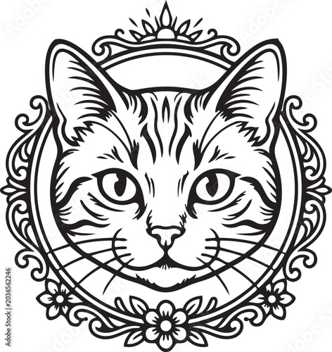 Vintage Cat Portrait Symmetrical Face Black Line Art Vector