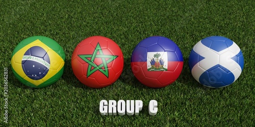  soccer balls in flags colors on soccer field .  3d rendering of group C