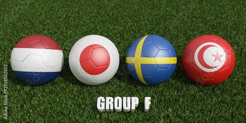  soccer balls in flags colors on soccer field .  3d rendering of group F
