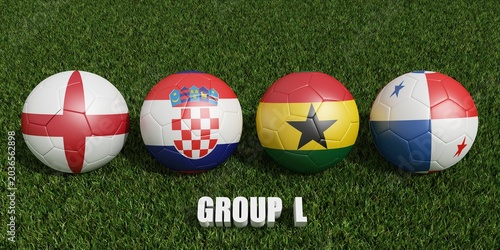  soccer balls in flags colors on soccer field .  3d rendering of group L