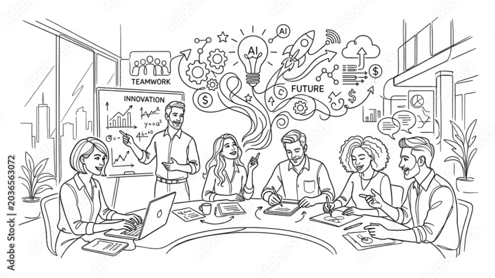 Naklejka premium Startup Innovation Network – Continuous One Line Modern Business Concept Illustration