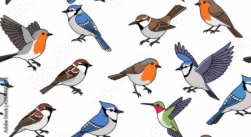 Charming Bird Pattern: Blue Jays, Robins, Sparrows, Hummingbird on White