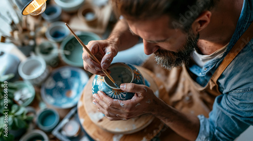 A European male potter viewed from above paints softly a bright ornament on a calm stoneware pottery vase using a soft paintbrush in a workshop in soft daylight pottery painting