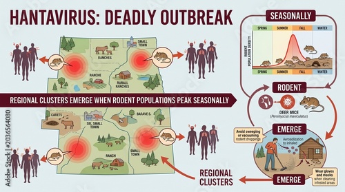 Hantavirus deadly outbreak regional clusters emerge when rodent populations peak seasonally in rural areas and ranches