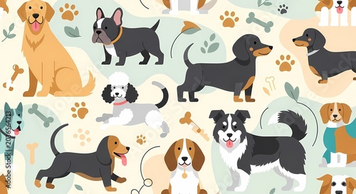 Cute Dog Breeds Pattern - Golden Retriever, French Bulldog, Dachshund, Poodle, Beagle