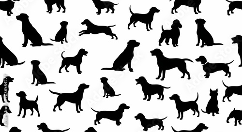 Diverse Dog Breed Silhouettes Seamless Pattern, Black and White