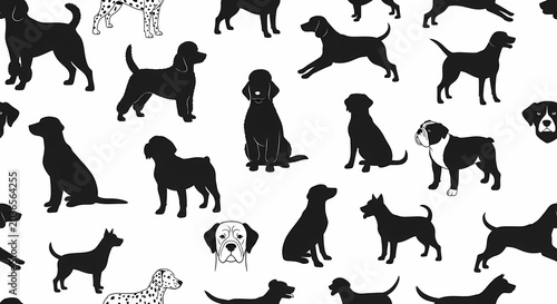 Diverse dog breeds silhouette pattern, black and white, playful design.