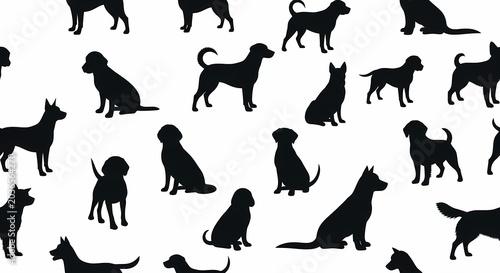 Diverse Dog Silhouettes Pattern, Various Breeds and Poses, Isolated on White