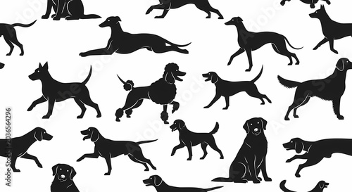 Diverse dog breeds silhouettes seamless pattern, playful pets illustration