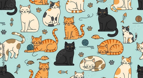 Whimsical Cat Pattern: Adorable Felines & Playful Elements on Blue