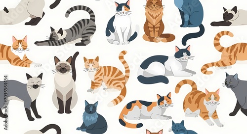 Cute Cat Collection - Diverse Feline Poses and Patterns on White Background