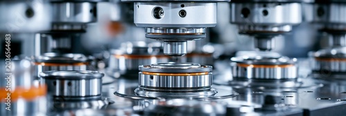 Medium shot of a robotassisted ball joint assembly line pressing housings bearings and studs with precision showcasing automated manufacturing efficiency and technology