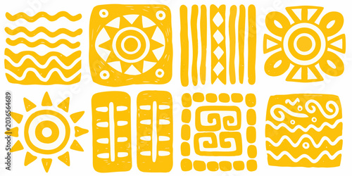 Stylized orange geometric patterns on a white background