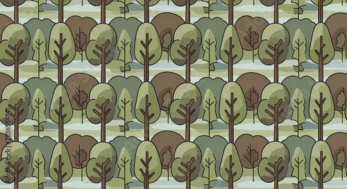 Seamless forest pattern, stylized trees, green and brown cartoon background