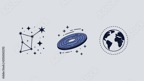 Minimalist space and astronomy icons flat vector design for science