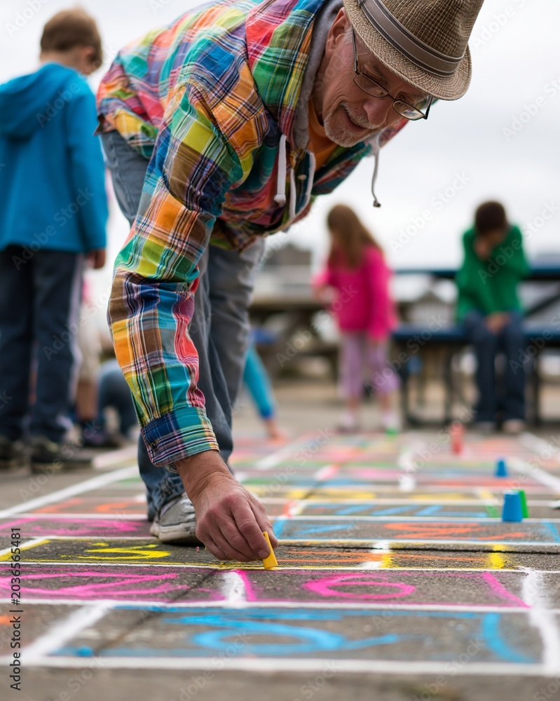 Obraz premium Focused medium frame capturing an older adult carefully outlining a vibrant hopscotch design while young helpers and picnic benches fade gently behind in diffused overcast light.