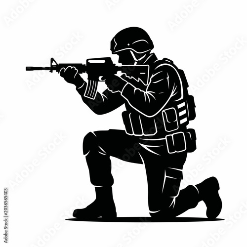 Принти на полотні Soldier in tactical gear aiming rifle.