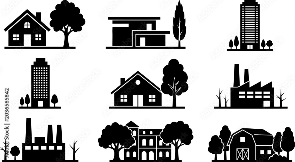 Obraz premium Architectural silhouette collection with residential houses city apartments industrial sites and public buildings with landscaping for real estate market presentation.