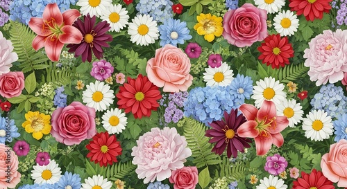 Vibrant floral arrangement of diverse garden flowers in full bloom