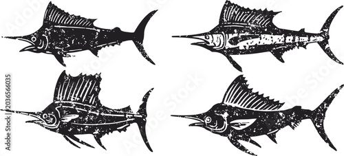 sailfish illustrations set four different black and white sailfish drawings with detailed lines and patterns
