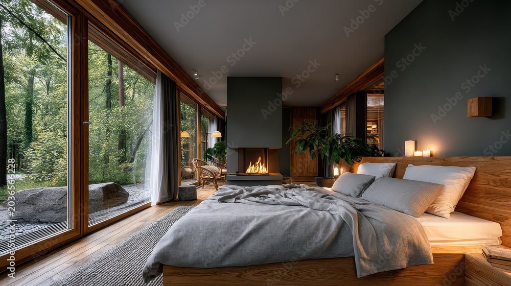 Fototapeta premium Cozy forest cabin bedroom with large windows, modern fireplace, wooden furniture, soft bedding, and natural light create peaceful retreat