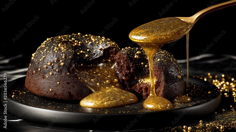 Fototapeta premium Gourmet Dark Chocolate Lava Cakes Lavishly Topped with Edible Gold and Shimmering Drizzle