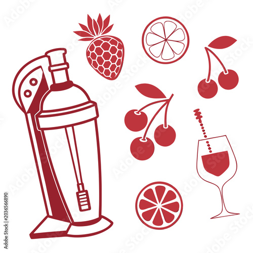 Cocktail shaker blender with fruits strawberry orange slices cherries and wine glass with straw for drink mixing vector