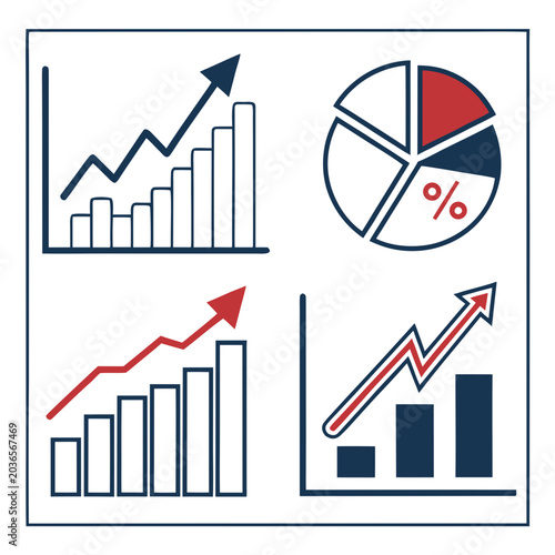 Set of financial business graph icons with upward trend arrows bar charts and pie chart elements for growth analysis and marketing data visualization