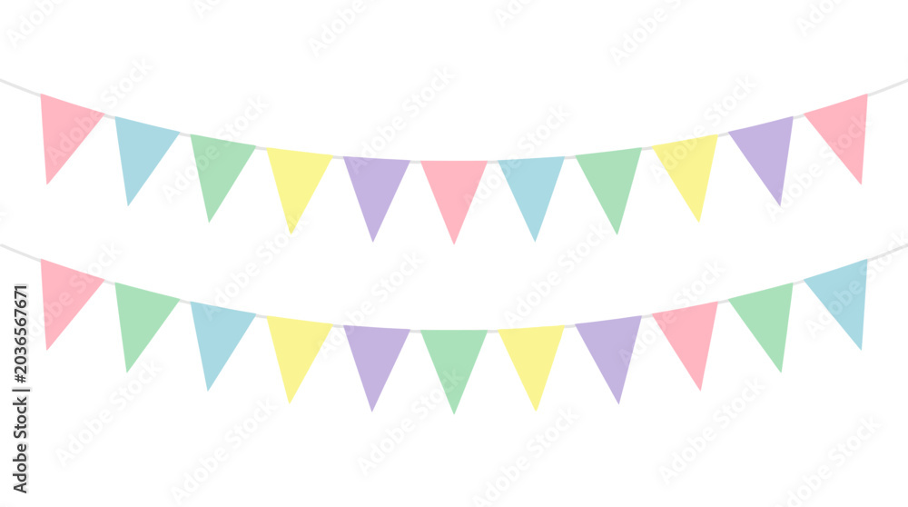 Obraz premium Two rows of colorful festive bunting flags hanging against a black background