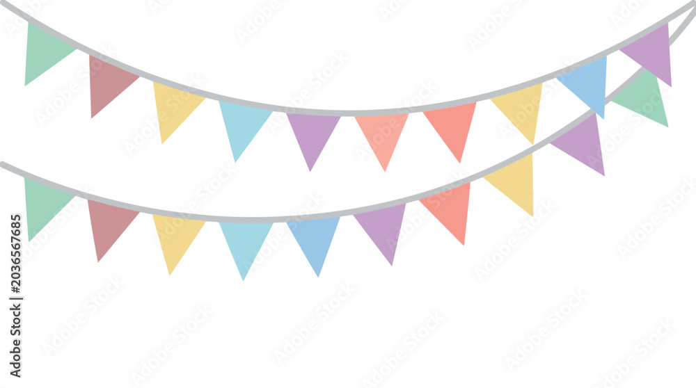 Obraz premium Double string of pastel colored bunting flags hanging gracefully on a black background