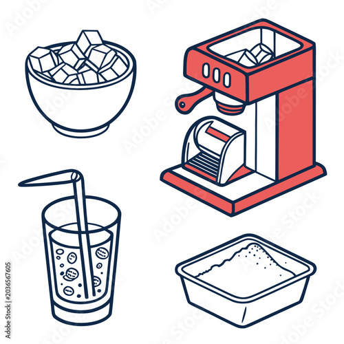 Ice making equipment set with red manual shaver machine and bowl of frozen cubes alongside sweet drink glass and container of fine crushed flakes