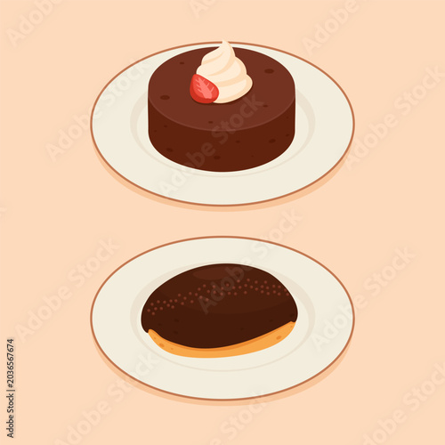 Illustration of chocolate cake with cream and chocolate covered bread on a plate.