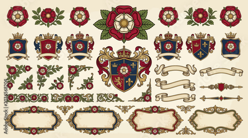 Tudor rose heraldic ornament vector set with royal shields, fleur de lis, banners, antique frames and medieval decorative borders