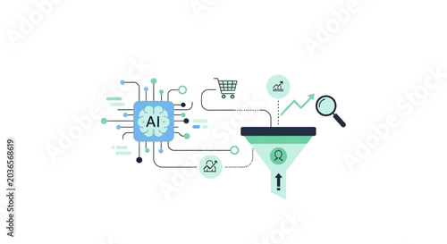 Artificial Intelligence Powered Marketing Automation and Sales Funnel Optimization Vector Illustration