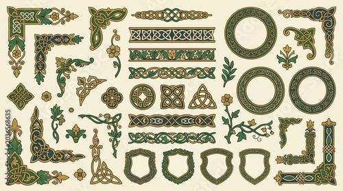 Celtic medieval floral border vector elements set with knotwork frames, stylized leaves, shield labels and antique manuscript ornaments