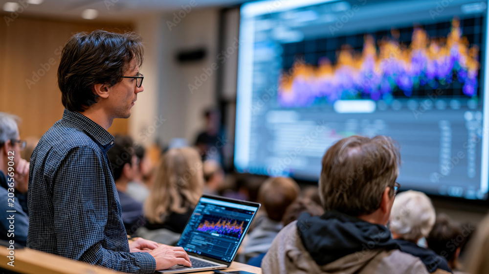 Fototapeta premium Open source science conference presenter sharing collaborative genomics data dashboard on large projection screen before engaged academic audience, community driven research methodology visible in s