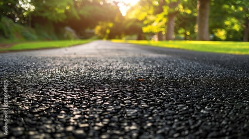 Empty asphalt road stretching into sunlit forest with dappled shadows and fresh pavement