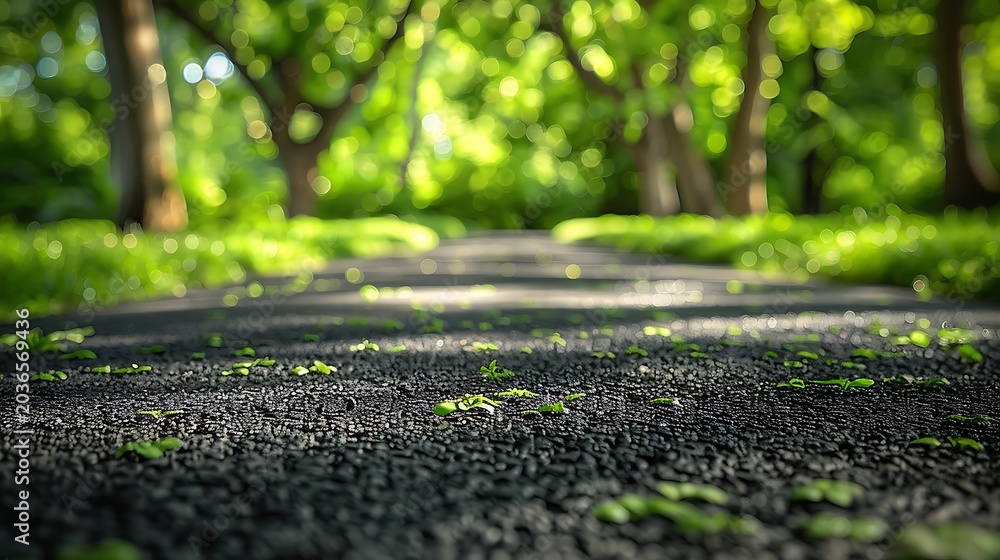 Fototapeta premium Paved pathway through lush green forest with sunlight filtering through trees