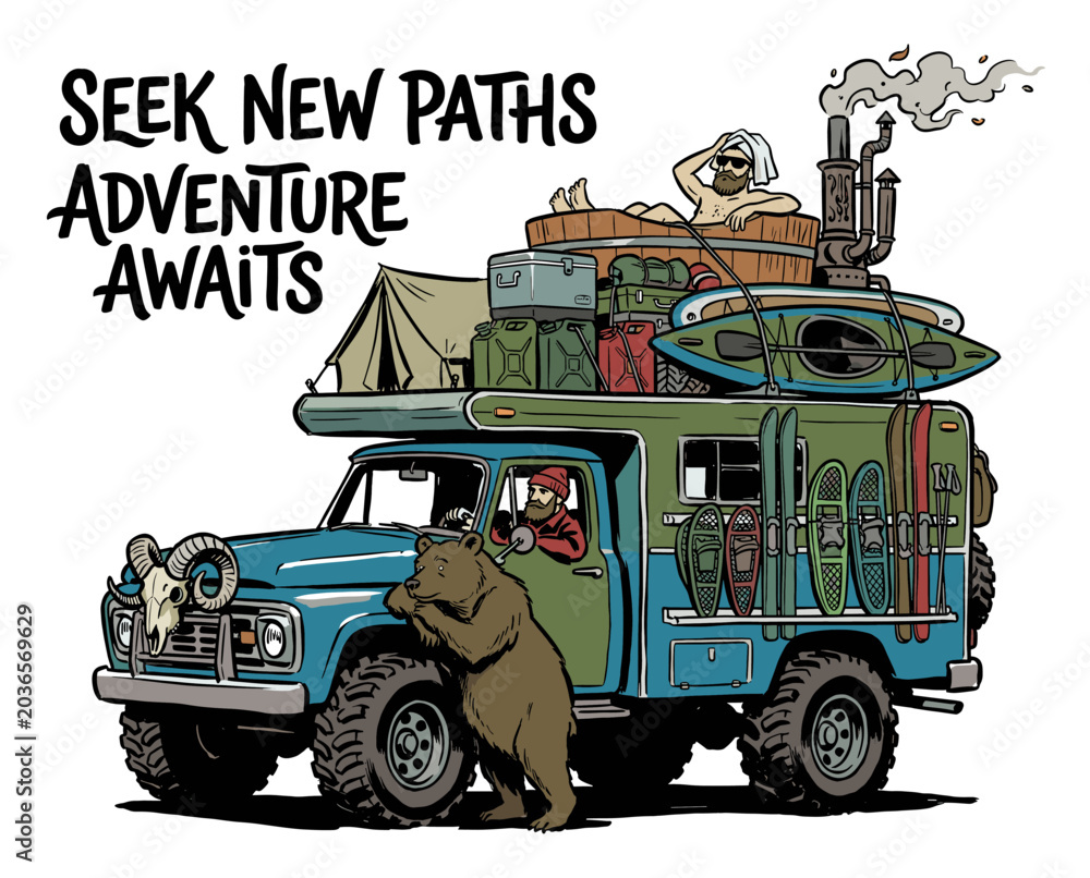 Obraz premium Vintage camper truck illustration with adventure gear and bear for outdoor travel and wanderlust concepts