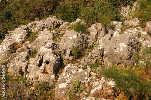 Tableau sur toile Rocky limestone terrain in Bitez, Bodrum, Turkey, with Mediterranean scrubland a