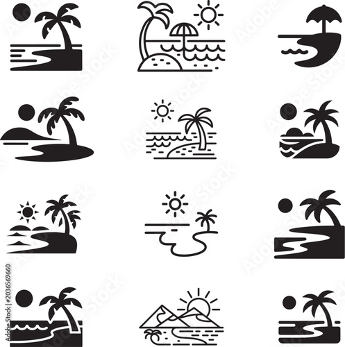 Nature Landscape Icon Set: Beach and Mountain Outline and Silhouette Symbols.