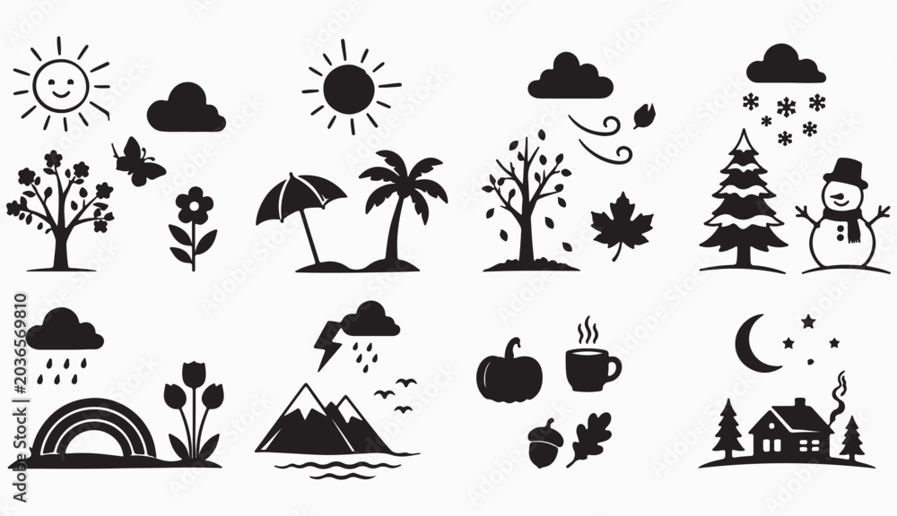 Obraz premium Four Seasons Weather Icons Set - Nature and Climate Silhouettes