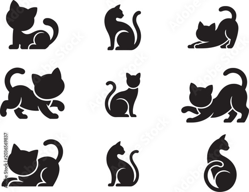 Cute Cat Silhouette Vector Icon Set.