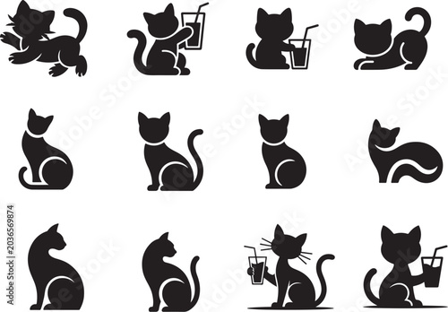 Cute Cat Silhouette Vector Icon Set: Kitten in Various Poses and Activities.