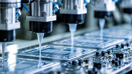 Automated robots precisely apply thick conformal coatings on lighting PCBs ensuring durable protection against moisture and corrosion in industrial manufacturing settings.