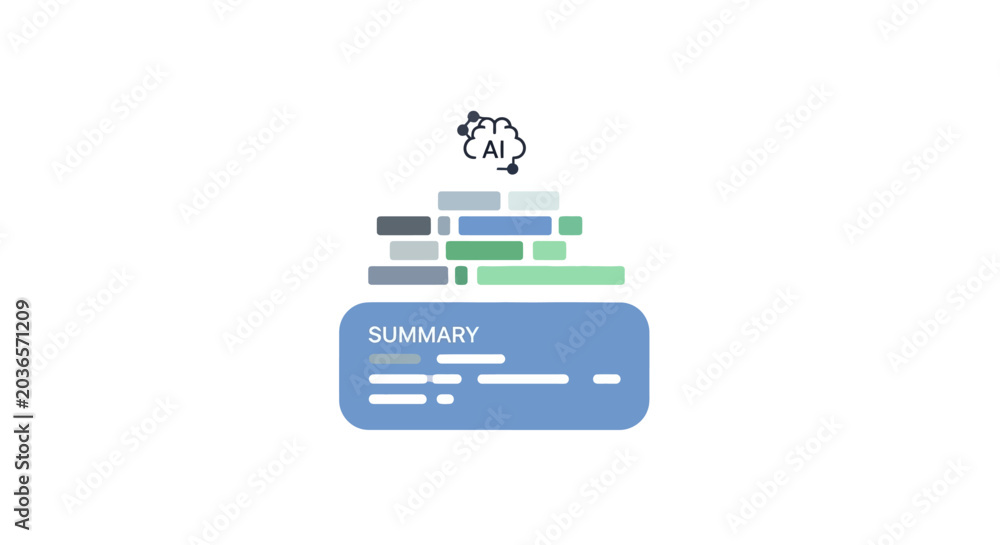 Fototapeta premium AI Text Summarization and Data Processing Concept - Minimalist Vector Illustration for Artificial Intelligence Information Extraction and Summary Generation