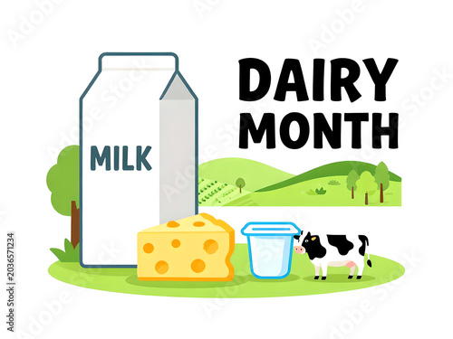 Colorful Dairy Month illustration featuring milk, cheese, yogurt, cow and farm-themed elements.