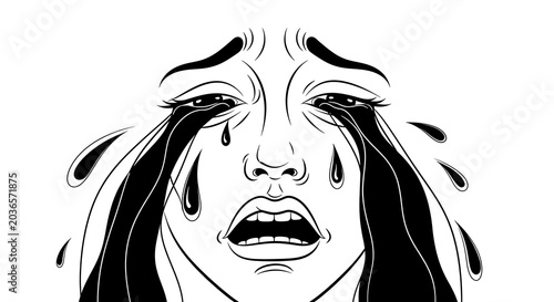 Schilderij op canvas Black and white ink drawing of a distressed person crying intensely with flowing